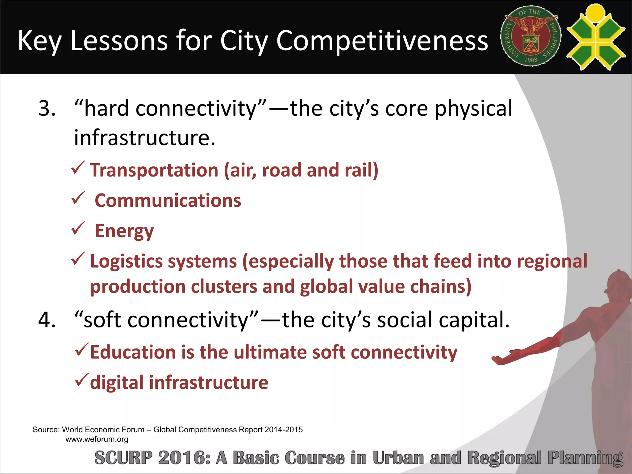 Key Lessons for City Competitiveness
3. “hard connectivity”—the city’s core physical
infrastructure.
 Transportation (air, road and rail)
 Communications
 Energy
 Logistics systems (especially those that feed into regional
production clusters and global value chains)
4. “soft connectivity”—the city’s social capital.
Education is the ultimate soft connectivity
digital infrastructure
Source: World Economic Forum – Global Competitiveness Report 2014-2015
www.weforum.org
 