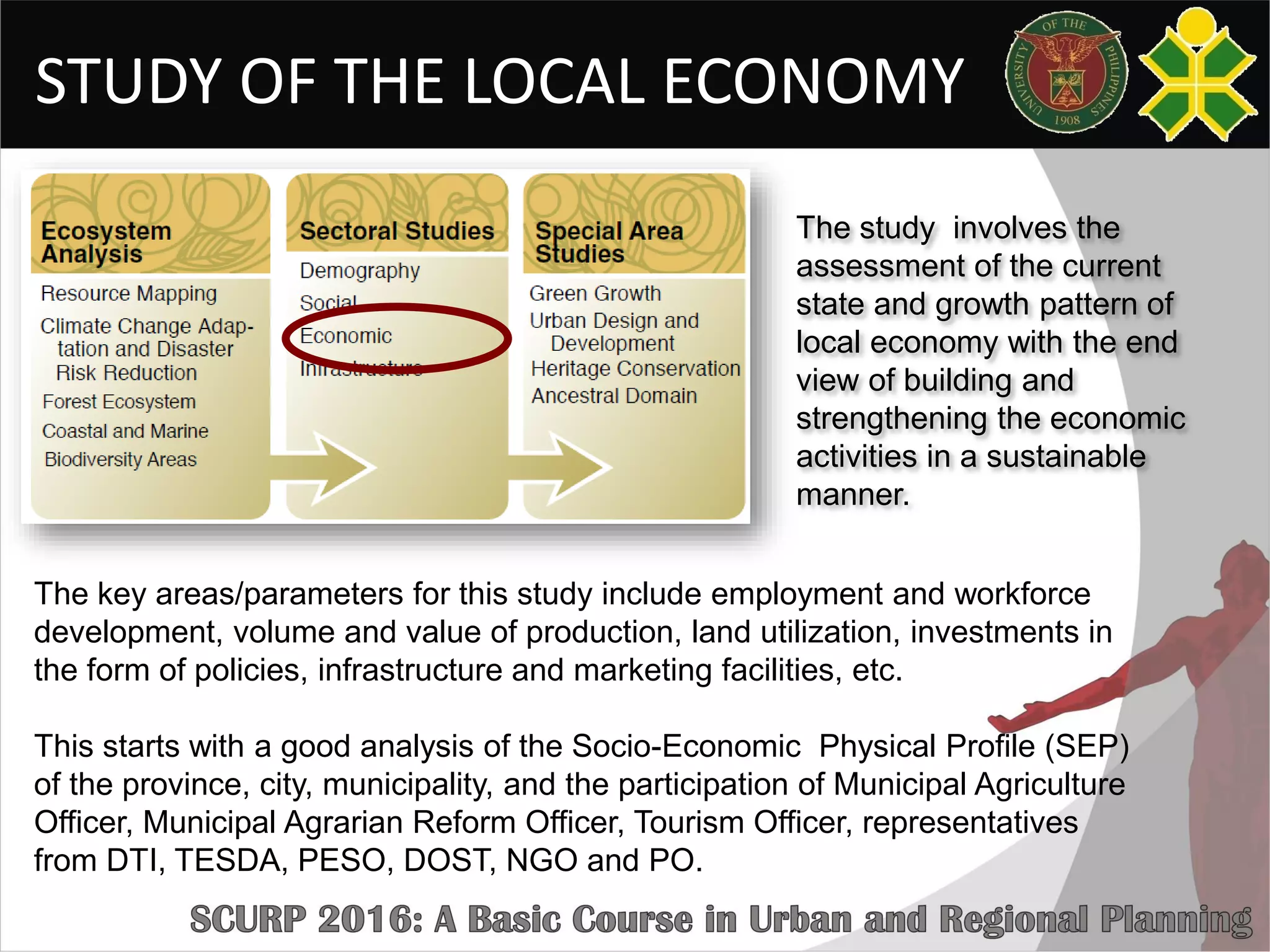 STUDY OF THE LOCAL ECONOMY
The key areas/parameters for this study include employment and workforce
development, volume and value of production, land utilization, investments in
the form of policies, infrastructure and marketing facilities, etc.
This starts with a good analysis of the Socio-Economic Physical Profile (SEP)
of the province, city, municipality, and the participation of Municipal Agriculture
Officer, Municipal Agrarian Reform Officer, Tourism Officer, representatives
from DTI, TESDA, PESO, DOST, NGO and PO.
The study involves the
assessment of the current
state and growth pattern of
local economy with the end
view of building and
strengthening the economic
activities in a sustainable
manner.
 