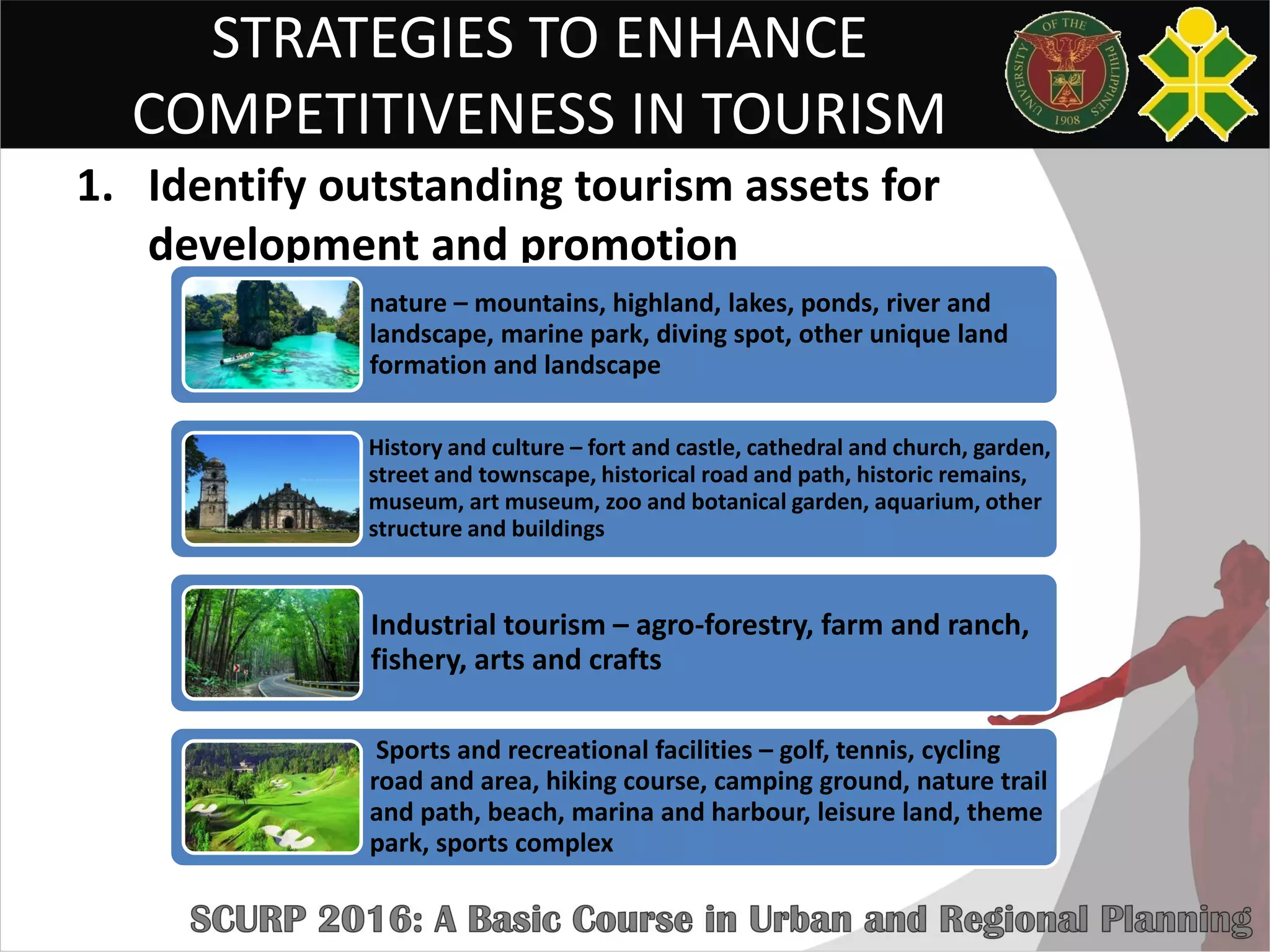 STRATEGIES TO ENHANCE
COMPETITIVENESS IN TOURISM
1. Identify outstanding tourism assets for
development and promotion
nature – mountains, highland, lakes, ponds, river and
landscape, marine park, diving spot, other unique land
formation and landscape
History and culture – fort and castle, cathedral and church, garden,
street and townscape, historical road and path, historic remains,
museum, art museum, zoo and botanical garden, aquarium, other
structure and buildings
Industrial tourism – agro-forestry, farm and ranch,
fishery, arts and crafts
Sports and recreational facilities – golf, tennis, cycling
road and area, hiking course, camping ground, nature trail
and path, beach, marina and harbour, leisure land, theme
park, sports complex
 