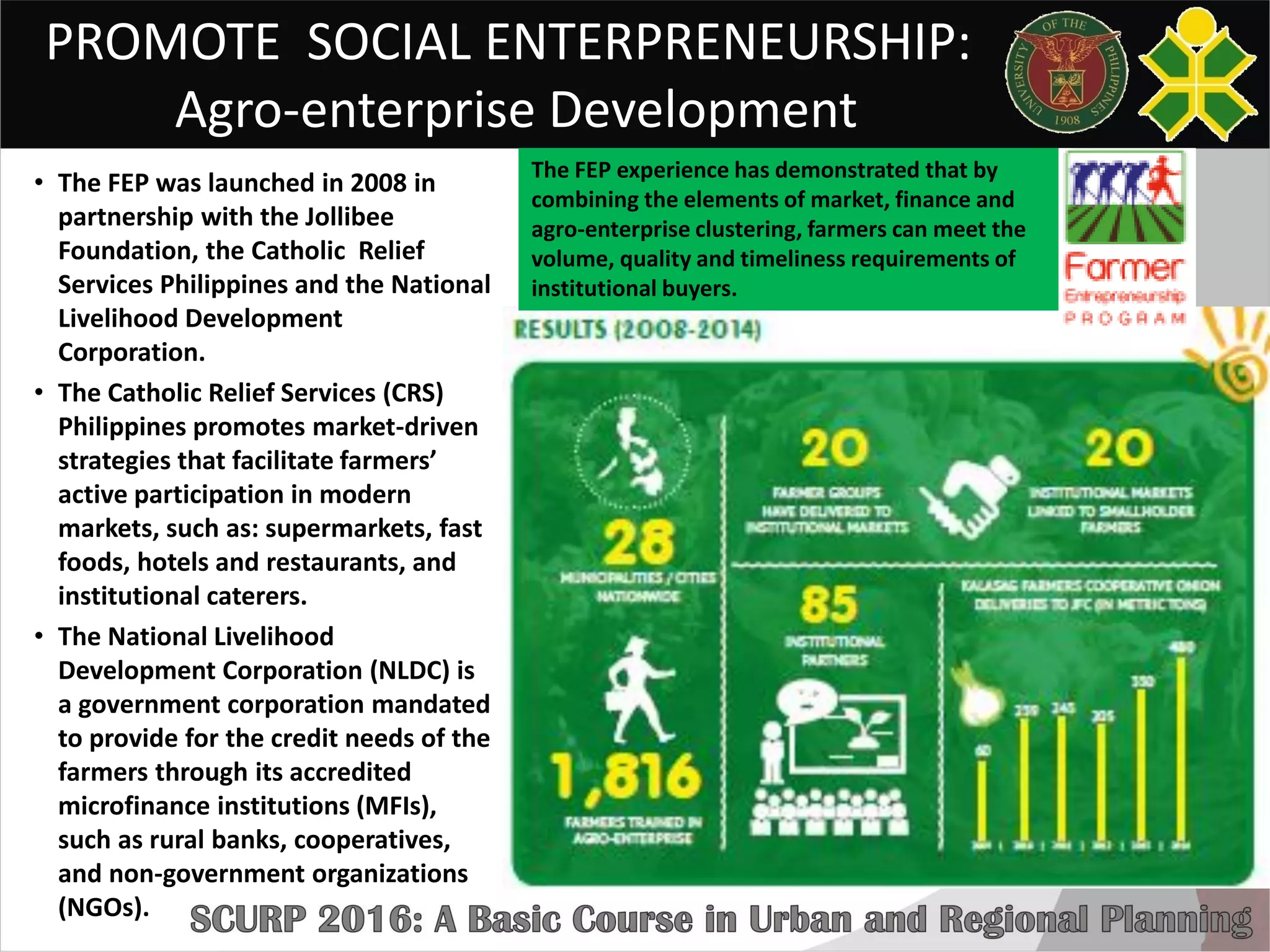 PROMOTE SOCIAL ENTERPRENEURSHIP:
Agro-enterprise Development
• The FEP was launched in 2008 in
partnership with the Jollibee
Foundation, the Catholic Relief
Services Philippines and the National
Livelihood Development
Corporation.
• The Catholic Relief Services (CRS)
Philippines promotes market-driven
strategies that facilitate farmers’
active participation in modern
markets, such as: supermarkets, fast
foods, hotels and restaurants, and
institutional caterers.
• The National Livelihood
Development Corporation (NLDC) is
a government corporation mandated
to provide for the credit needs of the
farmers through its accredited
microfinance institutions (MFIs),
such as rural banks, cooperatives,
and non-government organizations
(NGOs).
The FEP experience has demonstrated that by
combining the elements of market, finance and
agro-enterprise clustering, farmers can meet the
volume, quality and timeliness requirements of
institutional buyers.
 