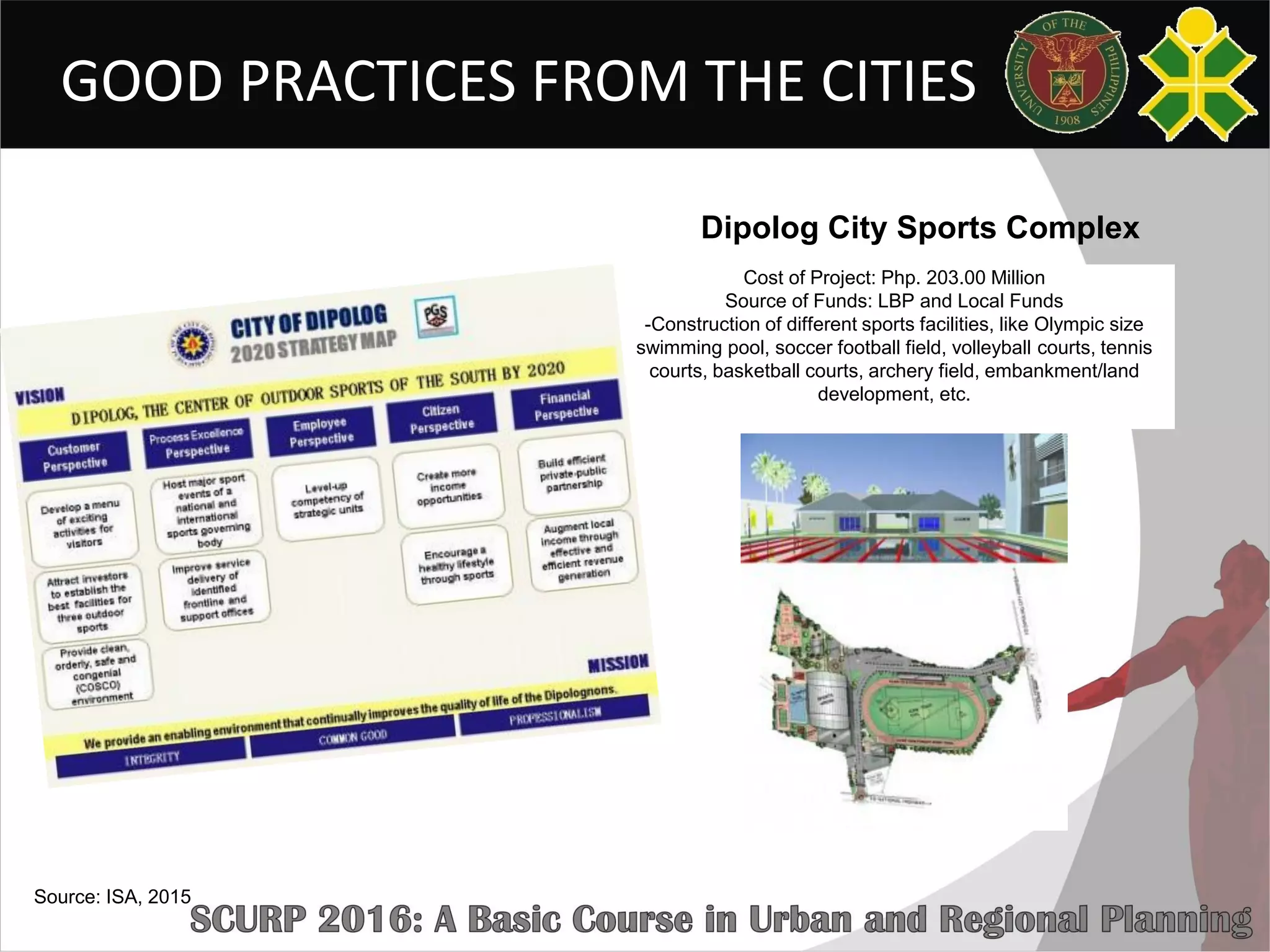 GOOD PRACTICES FROM THE CITIES
Source: ISA, 2015
Cost of Project: Php. 203.00 Million
Source of Funds: LBP and Local Funds
-Construction of different sports facilities, like Olympic size
swimming pool, soccer football field, volleyball courts, tennis
courts, basketball courts, archery field, embankment/land
development, etc.
Dipolog City Sports Complex
 