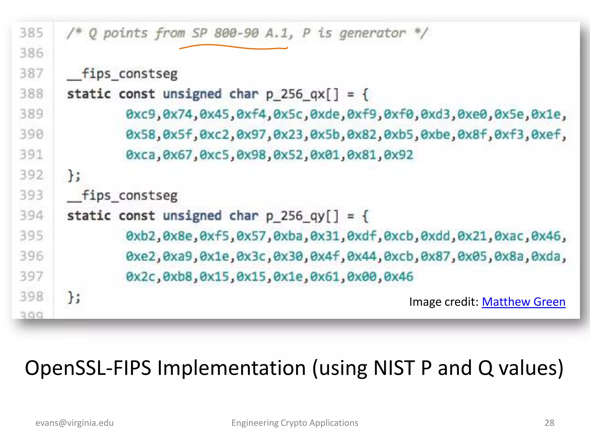 Image credit: Matthew Green

OpenSSL-FIPS Implementation (using NIST P and Q values)
evans@virginia.edu

Engineering Crypto Applications

28

 