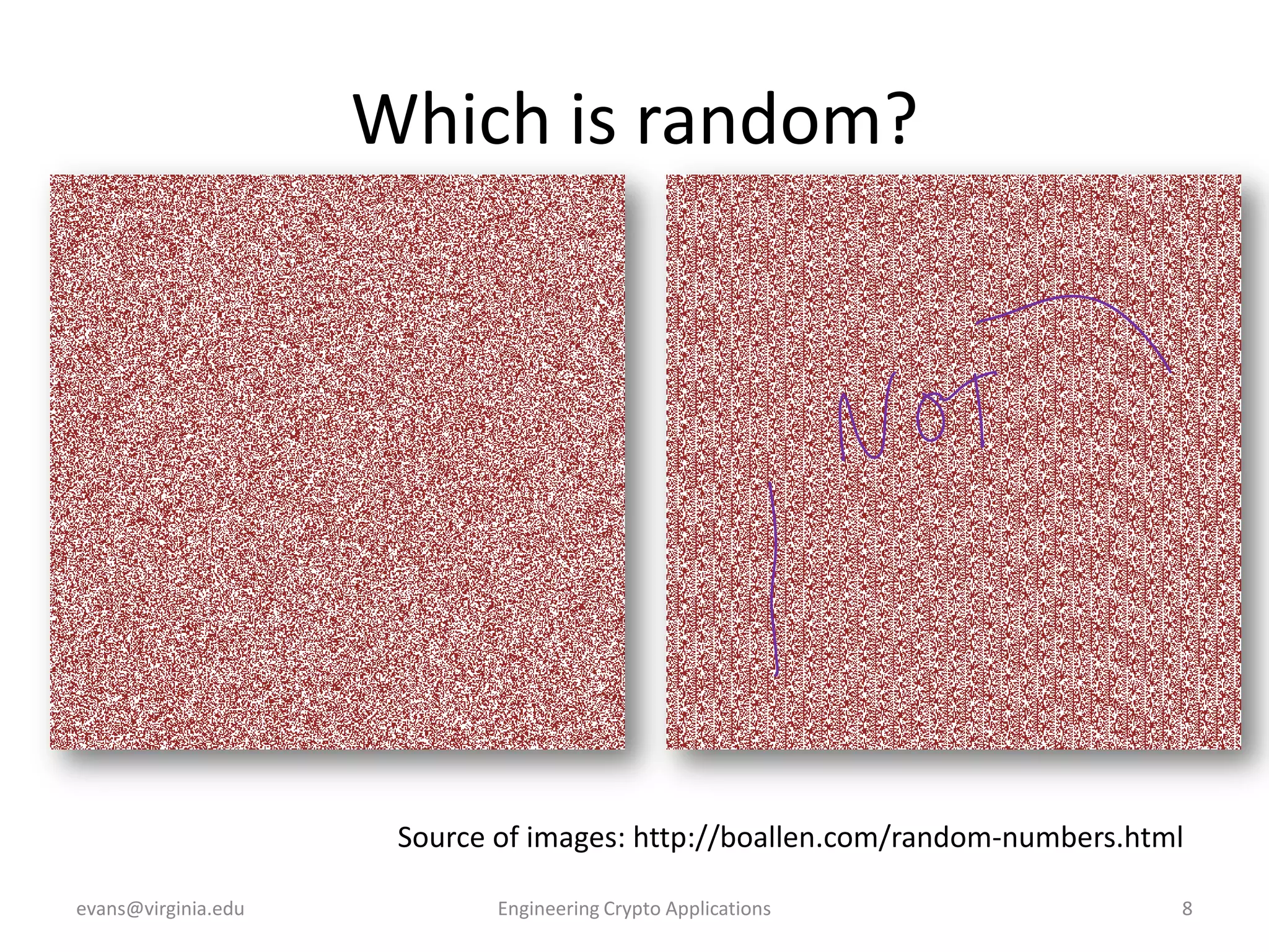 Which is random?

Source of images: http://boallen.com/random-numbers.html
evans@virginia.edu

Engineering Crypto Applications

8

 