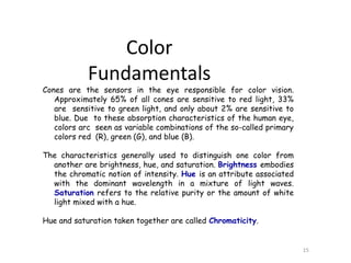 Cones are the sensors in the eye responsible for color vision.
Approximately 65% of all cones are sensitive to red light, 33%
are sensitive to green light, and only about 2% are sensitive to
blue. Due to these absorption characteristics of the human eye,
colors arc seen as variable combinations of the so-called primary
colors red (R), green (G), and blue (B).
The characteristics generally used to distinguish one color from
another are brightness, hue, and saturation. Brightness embodies
the chromatic notion of intensity. Hue is an attribute associated
with the dominant wavelength in a mixture of light waves.
Saturation refers to the relative purity or the amount of white
light mixed with a hue.
Hue and saturation taken together are called Chromaticity.
15
Color
Fundamentals
 