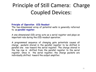 Principle of Operation CCD Readout
The two-dimensional array of potential wells is generally referred
to as parallel register.
A one-dimensional CCD array acts as a serial register and plays an
important role during the CCD readout operation.
A programmed sequence of changing gate potentials causes all
charge packets stored in the parallel register to be shifted in
parallel one row toward the serial register. The charge stored in
the top row is shifted from the parallel register to the serial
register. Once in the serial register, the charge packets are
individually shifted toward the output amplifier.
35
Principle of Still Camera: Charge
Coupled Devices:
 