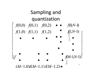 Sampling and
quantization
39






f(0,N1)









f
f(0,0)
f(1,0)

f(0,1)
f(1,1)

f(0,2)
f(1,2)

 

 


   
   
(M1,0)f(M1,1)f(M1,2)



f(M1,N1)

f(1,N1)

 