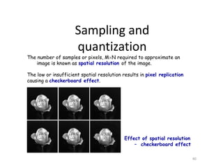The number of samples or pixels, MN required to approximate an
image is known as spatial resolution of the image.
The low or insufficient spatial resolution results in pixel replication
causing a checkerboard effect.
Sampling and
quantization
Effect of spatial resolution
– checkerboard effect
40
 