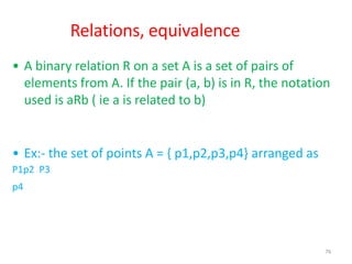 76
Relations, equivalence
• A binary relation R on a set A is a set of pairs of
elements from A. If the pair (a, b) is in R, the notation
used is aRb ( ie a is related to b)
• Ex:- the set of points A = { p1,p2,p3,p4} arranged as
P1p2 P3
p4
 