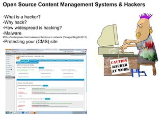 Open Source Content Management Systems & Hackers What is a hacker? Why hack? How widespread is hacking? Malware 99% of enterprises had malware infections in network (Fireeye Blog/8-2011) Protecting your (CMS) site 