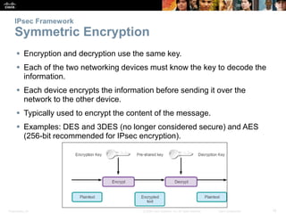 Presentation_ID 18© 2008 Cisco Systems, Inc. All rights reserved. Cisco Confidential
IPsec Framework
Symmetric Encryption
 Encryption and decryption use the same key.
 Each of the two networking devices must know the key to decode the
information.
 Each device encrypts the information before sending it over the
network to the other device.
 Typically used to encrypt the content of the message.
 Examples: DES and 3DES (no longer considered secure) and AES
(256-bit recommended for IPsec encryption).
 