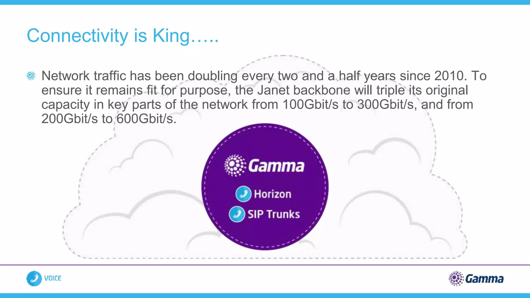 Network traffic has been doubling every two and a half years since 2010. To
ensure it remains fit for purpose, the Janet backbone will triple its original
capacity in key parts of the network from 100Gbit/s to 300Gbit/s, and from
200Gbit/s to 600Gbit/s.
Connectivity is King…..
 