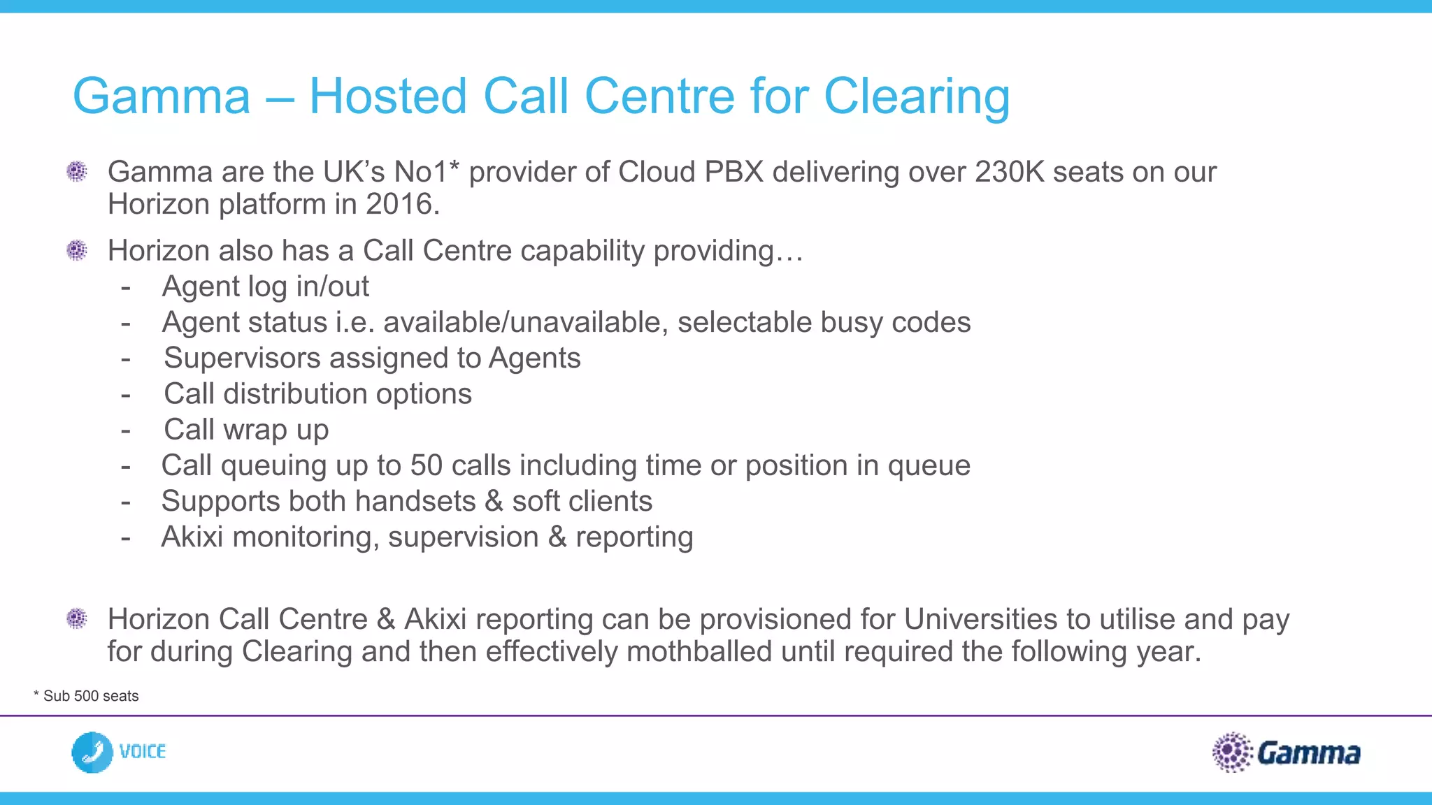 Gamma – Hosted Call Centre for Clearing
Gamma are the UK’s No1* provider of Cloud PBX delivering over 230K seats on our
Horizon platform in 2016.
Horizon also has a Call Centre capability providing…
- Agent log in/out
- Agent status i.e. available/unavailable, selectable busy codes
- Supervisors assigned to Agents
- Call distribution options
- Call wrap up
- Call queuing up to 50 calls including time or position in queue
- Supports both handsets & soft clients
- Akixi monitoring, supervision & reporting
Horizon Call Centre & Akixi reporting can be provisioned for Universities to utilise and pay
for during Clearing and then effectively mothballed until required the following year.
* Sub 500 seats
 