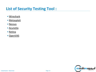 Page 19Classification: Restricted
List of Security Testing Tool :
• Wireshark
• Metasploit
• Nessus
• Acunetix
• Retina
• OpenVAS
 