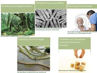 Facilitation of economical,
commercial & service
functions
http://www.gevestor.de/details/daxprognose-88496.html
Strengthening social abilities
http://www.wahealtheducation.com.au/workshops-and-
training/detail/parent-education-on-social-issues/
Securing physical health
http://t2.gstatic.com/images?q=tbn:ANd9GcQnW7u6B_0jbd4
EfzceUnrHNCj_GA_ET2lRLDqh4g8oCPCKJO62
Functioning ecological systems
http://www.filebuzz.com/fileinfo/5033/Living_Rainforest.html
http://www.filebuzz.com/fileinfo/5033/Living_Rainforest.html
Enduring cultural heritage
 