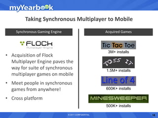 Taking Synchronous Multiplayer to Mobile
    Synchronous Gaming Engine                         Acquired Games




                                                       3M+ installs
• Acquisition of Flock
  Multiplayer Engine paves the
  way for suite of synchronous                        1.5M+ installs
  multiplayer games on mobile
• Meet people in synchronous
  games from anywhere!                                600K+ installs

• Cross platform
                                                      500K+ installs

                                © 2011 CONFIDENTIAL                    18
 