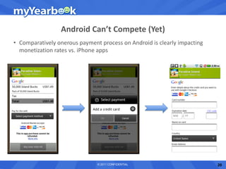 Android Can’t Compete (Yet)
• Comparatively onerous payment process on Android is clearly impacting
  monetization rates vs. iPhone apps




                               © 2011 CONFIDENTIAL                        20
 