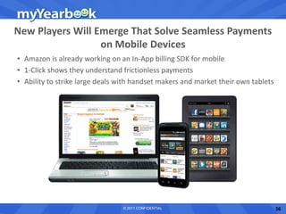 New Players Will Emerge That Solve Seamless Payments
                  on Mobile Devices
• Amazon is already working on an In-App billing SDK for mobile
• 1-Click shows they understand frictionless payments
• Ability to strike large deals with handset makers and market their own tablets




                                 © 2011 CONFIDENTIAL                               36
 