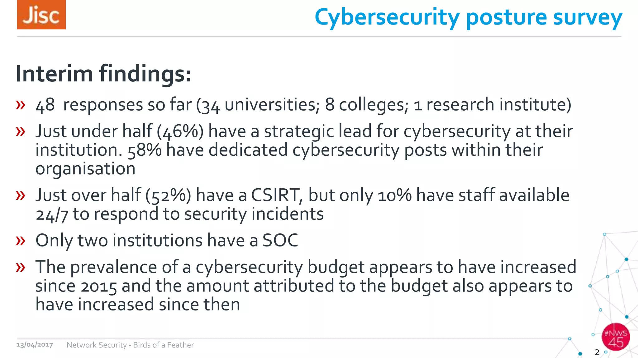 Cybersecurity posture survey
» 48 responses so far (34 universities; 8 colleges; 1 research institute)
» Just under half (46%) have a strategic lead for cybersecurity at their
institution. 58% have dedicated cybersecurity posts within their
organisation
» Just over half (52%) have a CSIRT, but only 10% have staff available
24/7 to respond to security incidents
» Only two institutions have a SOC
» The prevalence of a cybersecurity budget appears to have increased
since 2015 and the amount attributed to the budget also appears to
have increased since then
Interim findings:
2
13/04/2017 Network Security - Birds of a Feather
 