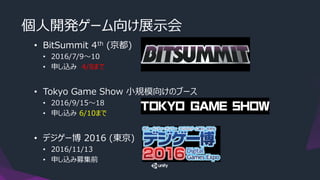 個人開発ゲーム向け展示会
• BitSummit 4th (京都)
• 2016/7/9～10
• 申し込み 4/8まで
• Tokyo Game Show 小規模向けのブース
• 2016/9/15～18
• 申し込み 6/10まで
• デジゲー博 2016 (東京)
• 2016/11/13
• 申し込み募集前
 