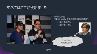 すべてはここから始まった
• Unite 2013
“僕らが Unity で個人開発を始めた理由”
• 山村達彦さん
• 田村幸一さん
ゲーム作りに
再挑戦しよう！
 