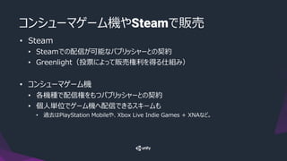 コンシューマゲーム機やSteamで販売
• Steam
• Steamでの配信が可能なパブリッシャーとの契約
• Greenlight（投票によって販売権利を得る仕組み）
• コンシューマゲーム機
• 各機種で配信権をもつパブリッシャーとの契約
• 個人単位でゲーム機へ配信できるスキームも
• 過去はPlayStation Mobileや、Xbox Live Indie Games + XNAなど。
 
