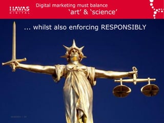 Digital marketing must balance
                               „art‟ & „science‟

            ... whilst also enforcing RESPONSIBLY




6/16/2011 :: 33
 