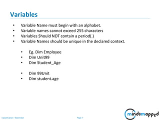 Page 7Classification: Restricted
Variables
• Variable Name must begin with an alphabet.
• Variable names cannot exceed 255 characters
• Variables Should NOT contain a period(.)
• Variable Names should be unique in the declared context.
• Eg. Dim Employee
• Dim Unit99
• Dim Student_Age
• Dim 99Unit
• Dim student.age
 