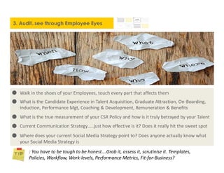 3. Audit..see through Employee Eyes
Walk in the shoes of your Employees, touch every part that affects them
What is the Candidate Experience in Talent Acquisition, Graduate Attraction, On-Boarding,
Induction, Performance Mgt, Coaching & Development, Remuneration & Benefits
What is the true measurement of your CSR Policy and how is it truly betrayed by your Talent
Current Communication Strategy…..just how effective is it? Does it really hit the sweet spot
Where does your current Social Media Strategy point to? Does anyone actually know what
your Social Media Strategy is
: You have to be tough to be honest….Grab it, assess it, scrutinise it. Templates,
Policies, Workflow, Work-levels, Performance Metrics, Fit-for-Business?
 
