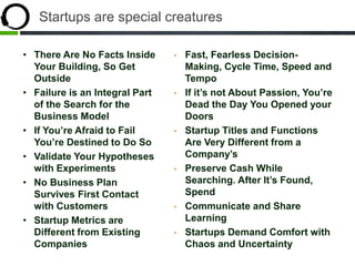 Startups are special creatures
• There Are No Facts Inside
Your Building, So Get
Outside
• Failure is an Integral Part
of the Search for the
Business Model
• If You’re Afraid to Fail
You’re Destined to Do So
• Validate Your Hypotheses
with Experiments
• No Business Plan
Survives First Contact
with Customers
• Startup Metrics are
Different from Existing
Companies
• Fast, Fearless Decision-
Making, Cycle Time, Speed and
Tempo
• If it’s not About Passion, You’re
Dead the Day You Opened your
Doors
• Startup Titles and Functions
Are Very Different from a
Company’s
• Preserve Cash While
Searching. After It’s Found,
Spend
• Communicate and Share
Learning
• Startups Demand Comfort with
Chaos and Uncertainty
 