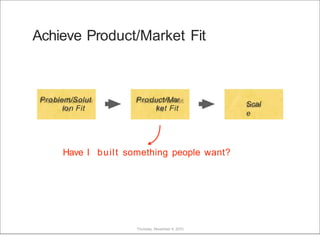 Achieve Product/Market Fit
Have I built something people want?
Problem/Solut
ion Fit
Product/Mar
ket Fit
Scal
e
Thursday, November 4, 2010
 