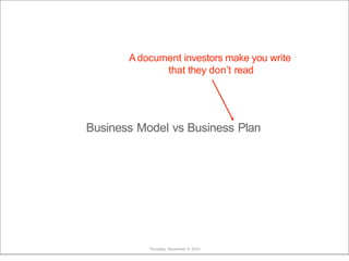 Business Model vs Business Plan
Adocument investors make you write
that they don’t read
Thursday, November 4, 2010
 
