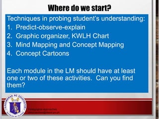 Where do we start?
Techniques in probing student’s understanding:
1. Predict-observe-explain
2. Graphic organizer, KWLH Chart
3. Mind Mapping and Concept Mapping
4. Concept Cartoons
Each module in the LM should have at least
one or two of these activities. Can you find
them?
 