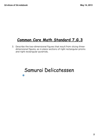 2dslicesof3d.notebook
2
May14,2013
Samurai Delicatessen
Common Core Math Standard 7.G.3
 