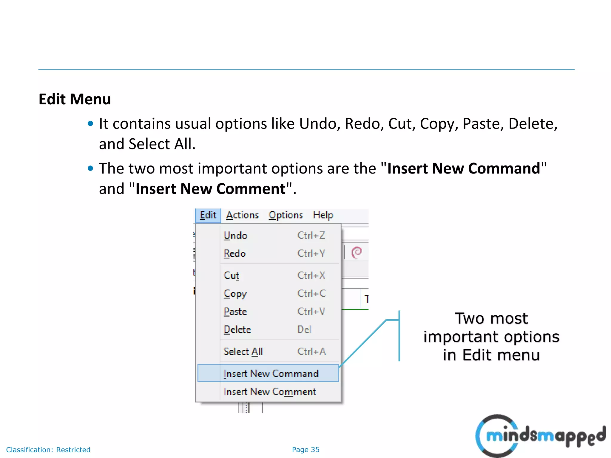 Page 35Classification: Restricted
Edit Menu
• It contains usual options like Undo, Redo, Cut, Copy, Paste, Delete,
and Select All.
• The two most important options are the "Insert New Command"
and "Insert New Comment".
Two most
important options
in Edit menu
 