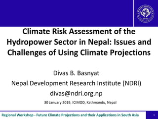 Climate Risk Assessment of the
Hydropower Sector in Nepal: Issues and
Challenges of Using Climate Projections
Divas B. Basnyat
Nepal Development Research Institute (NDRI)
divas@ndri.org.np
1
30 January 2019, ICIMOD, Kathmandu, Nepal
Regional Workshop - Future Climate Projections and their Applications in South Asia
 