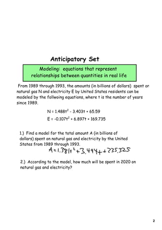 Anticipatory Set
           Modeling: equations that represent
       relationships between quantities in real life

 From 1989 through 1993, the amounts (in billions of dollars) spent on
natural gas N and electricity E by United States residents can be
modeled by the follwoing equations, where t is the number of years
since 1989.

                N = 1.488t2 - 3.403t + 65.59
                E = -0.107t2 + 6.897t + 169.735


 1.) Find a model for the total amount A (in billions of
 dollars) spent on natural gas and electricity by the United
 States from 1989 through 1993.



 2.) According to the model, how much will be spent in 2020 on
 natural gas and electricity?




                                                                         2
 