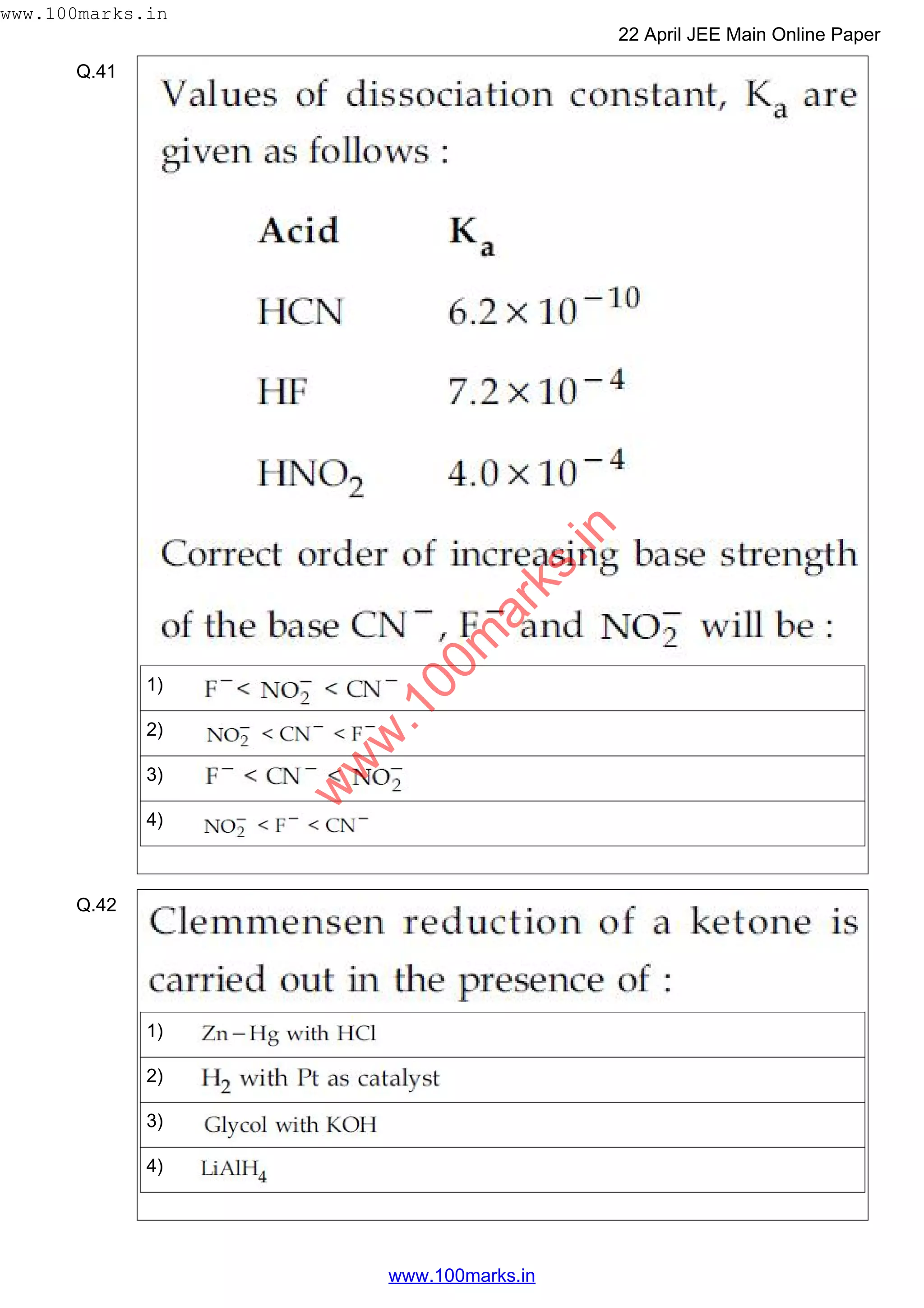 Q.41
1)
2)
3)
4)
Q.42
1)
2)
3)
4)
w
w
w
.100m
arks.in
www.100marks.in
22 April JEE Main Online Paper
www.100marks.in
 