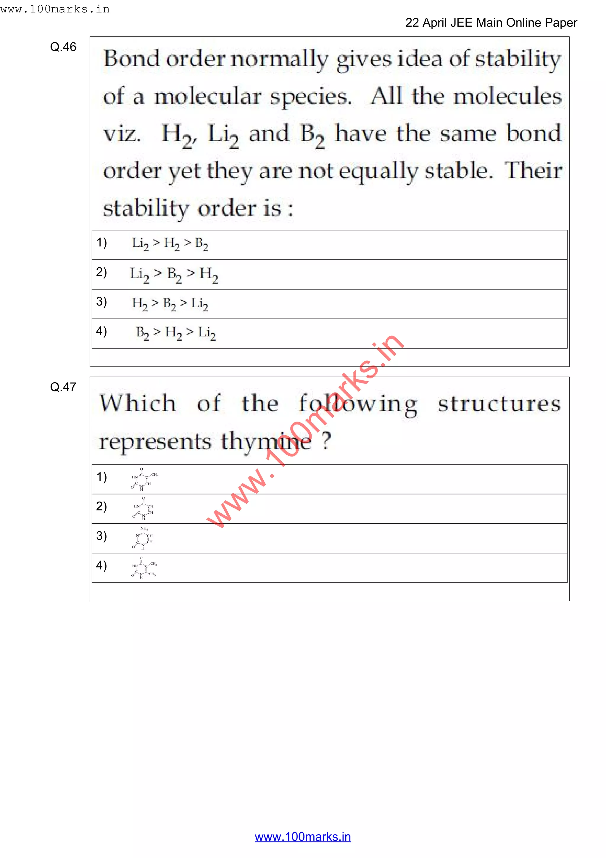 Q.46
1)
2)
3)
4)
Q.47
1)
2)
3)
4)
w
w
w
.100m
arks.in
www.100marks.in
22 April JEE Main Online Paper
www.100marks.in
 