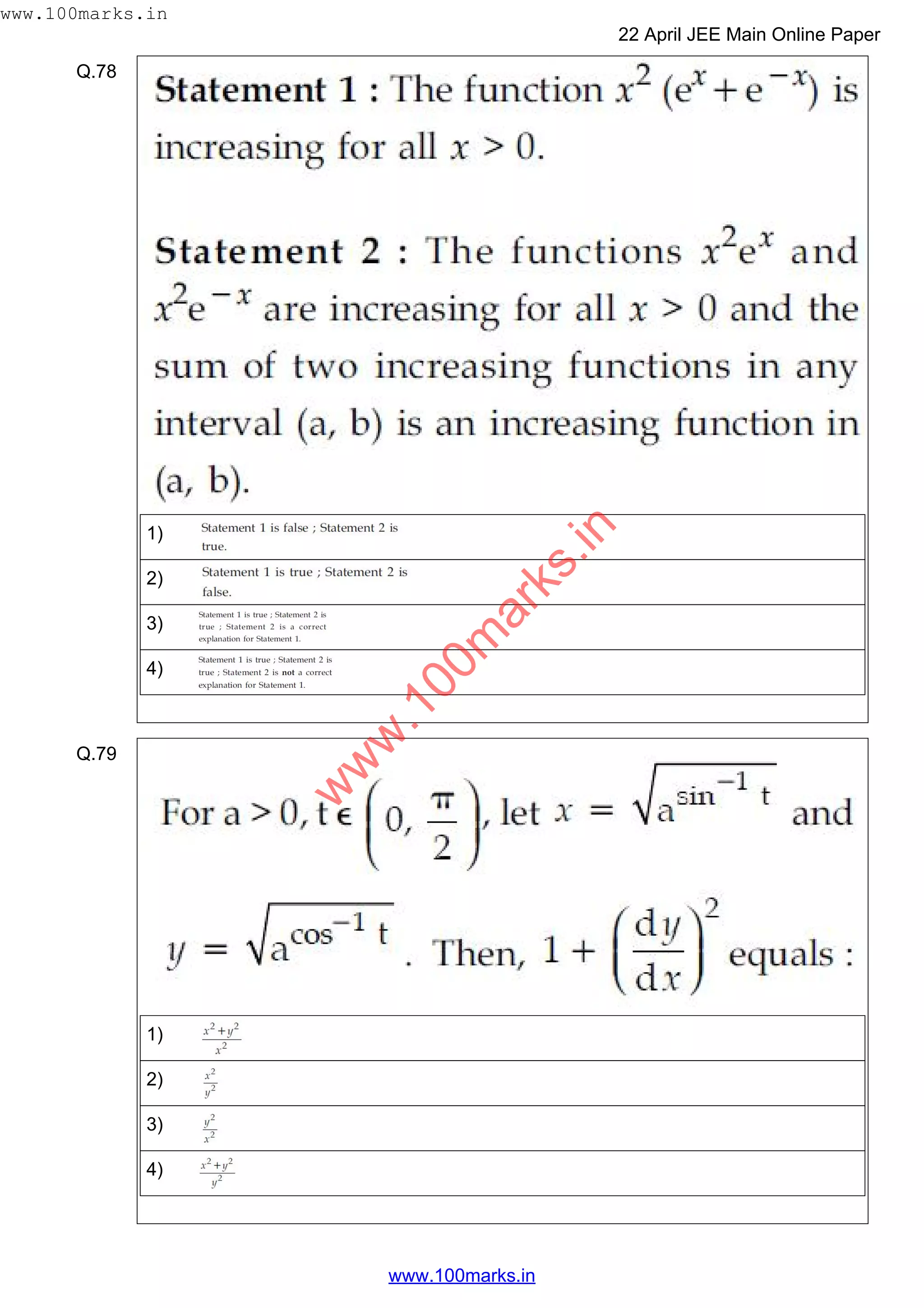 Q.78
1)
2)
3)
4)
Q.79
1)
2)
3)
4)
w
w
w
.100m
arks.in
www.100marks.in
22 April JEE Main Online Paper
www.100marks.in
 