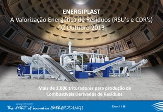 ENERGIPLAST
A Valorização Energética de Resíduos (RSU's e CDR's)
02 Outubro 2013

Mais de 1.000 trituradores para produção de
Combustíveis Derivados de Resíduos
Chart 1 / 36

 
