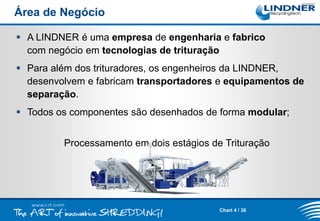 Área de Negócio
 A LINDNER é uma empresa de engenharia e fabrico
com negócio em tecnologias de trituração
 Para além dos trituradores, os engenheiros da LINDNER,
desenvolvem e fabricam transportadores e equipamentos de
separação.
 Todos os componentes são desenhados de forma modular;
Processamento em dois estágios de Trituração

Chart 4 / 36

 