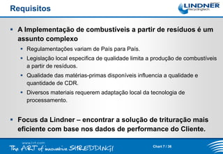 Requisitos
 A Implementação de combustíveis a partir de resíduos é um
assunto complexo
 Regulamentações variam de País para País.
 Legislação local especifica de qualidade limita a produção de combustíveis
a partir de resíduos.

 Qualidade das matérias-primas disponíveis influencia a qualidade e
quantidade de CDR.
 Diversos materiais requerem adaptação local da tecnologia de
processamento.

 Focus da Lindner – encontrar a solução de trituração mais
eficiente com base nos dados de performance do Cliente.
Chart 7 / 36

 