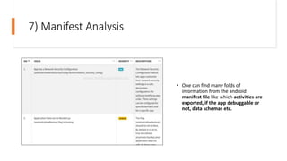 7) Manifest Analysis
• One can find many folds of
information from the android
manifest file like which activities are
exported, if the app debuggable or
not, data schemas etc.
 