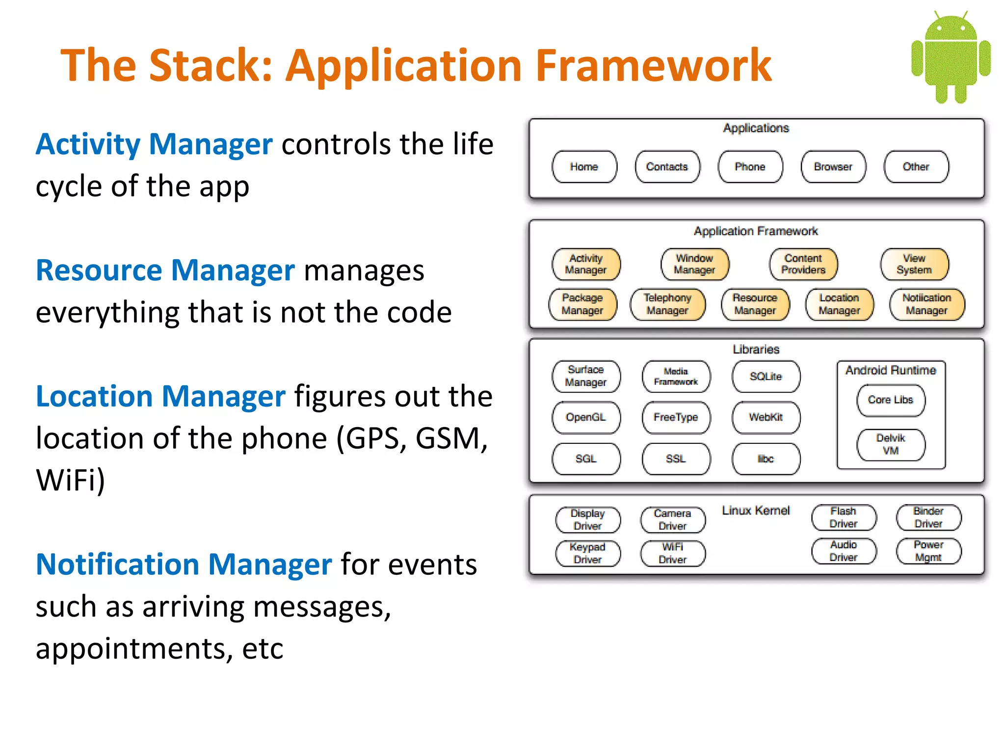 The Stack: Application Framework
Activity Manager controls the life
cycle of the app

Resource Manager manages
everything that is not the code

Location Manager figures out the
location of the phone (GPS, GSM,
WiFi)

Notification Manager for events
such as arriving messages,
appointments, etc
 