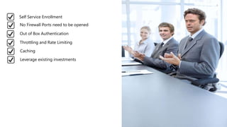 No Firewall Ports need to be opened
Out of Box Authentication
Throttling and Rate Limiting
Caching
Self Service Enrollment
Leverage existing investments
 