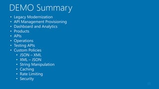 35
DEMO Summary
• Legacy Modernization
• API Management Provisioning
• Dashboard and Analytics
• Products
• APIs
• Operations
• Testing APIs
• Custom Policies
• JSON – XML
• XML – JSON
• String Manipulation
• Caching
• Rate Limiting
• Security
 