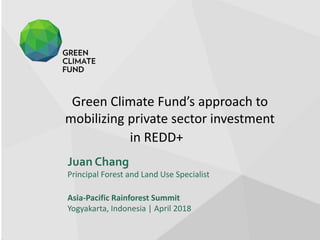 Green Climate Fund’s approach to
mobilizing private sector investment
in REDD+
Juan Chang
Principal Forest and Land Use Specialist
Asia-Pacific Rainforest Summit
Yogyakarta, Indonesia | April 2018
 