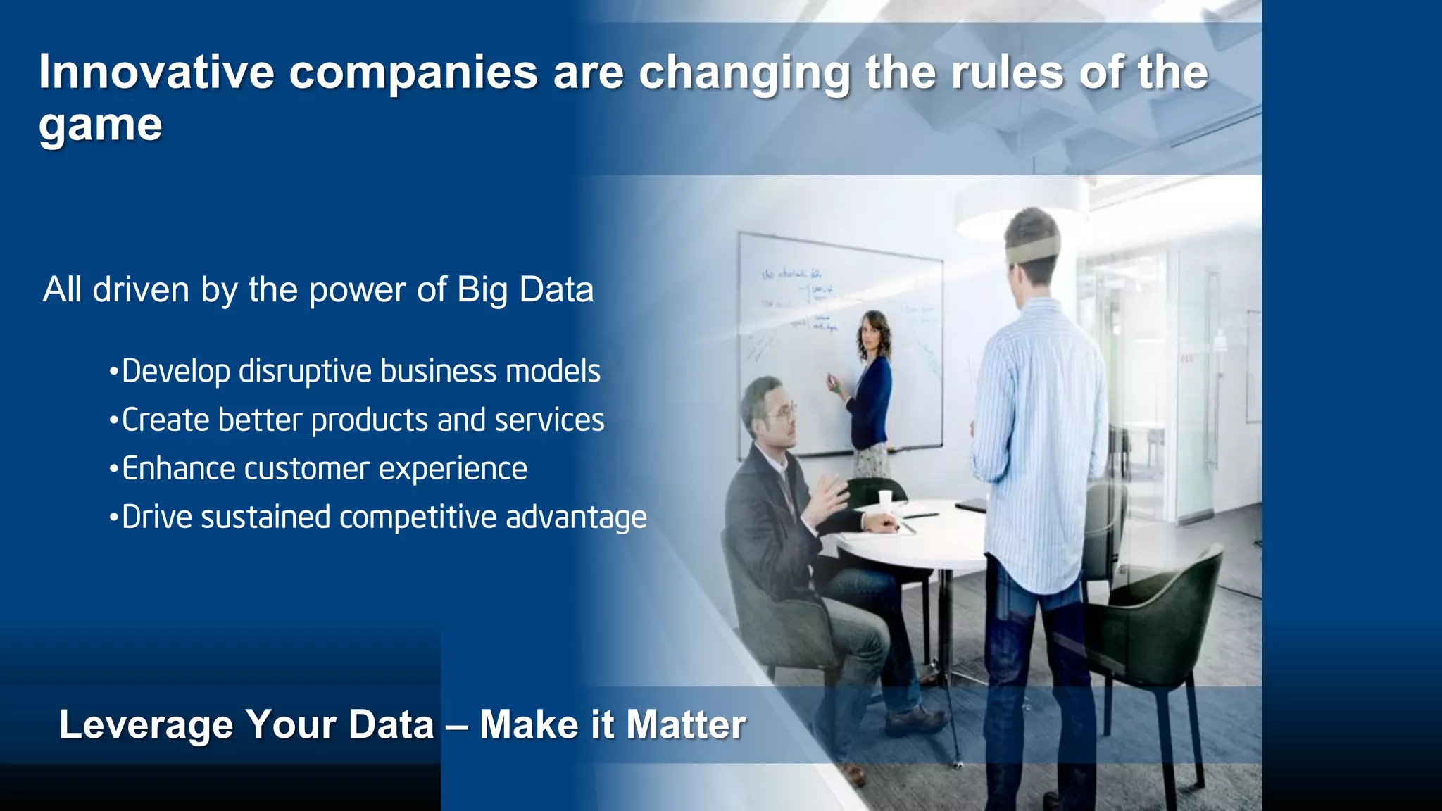 Innovative companies are changing the rules of the
game
•Develop disruptive business models
•Create better products and services
•Enhance customer experience
•Drive sustained competitive advantage
All driven by the power of Big Data
Leverage Your Data – Make it Matter
 