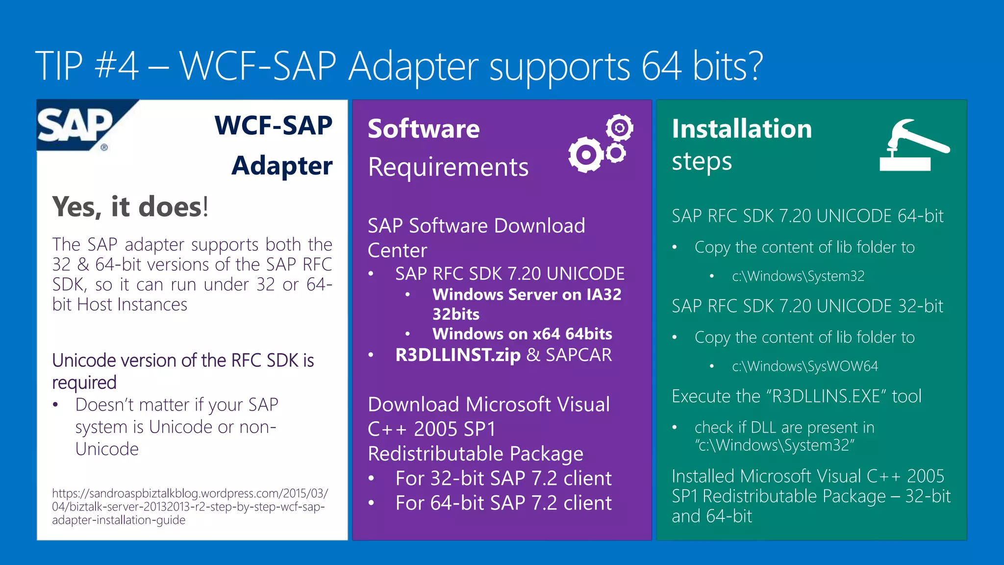 SAP RFC SDK 7.20 UNICODE 64-bit
• Copy the content of lib folder to
• c:WindowsSystem32
SAP RFC SDK 7.20 UNICODE 32-bit
• Copy the content of lib folder to
• c:WindowsSysWOW64
Execute the “R3DLLINS.EXE” tool
• check if DLL are present in
“c:WindowsSystem32”
Installed Microsoft Visual C++ 2005
SP1 Redistributable Package – 32-bit
and 64-bit
WCF-SAP
Adapter
Yes, it does!
The SAP adapter supports both the
32 & 64-bit versions of the SAP RFC
SDK, so it can run under 32 or 64-
bit Host Instances
Unicode version of the RFC SDK is
required
• Doesn’t matter if your SAP
system is Unicode or non-
Unicode
https://sandroaspbiztalkblog.wordpress.com/2015/03/
04/biztalk-server-20132013-r2-step-by-step-wcf-sap-
adapter-installation-guide
 
