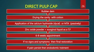 DIRECT PULP CAP
If pain persist then endodontic tratment
If no signs and symptoms then final restoration
6-8 weeks appoint...